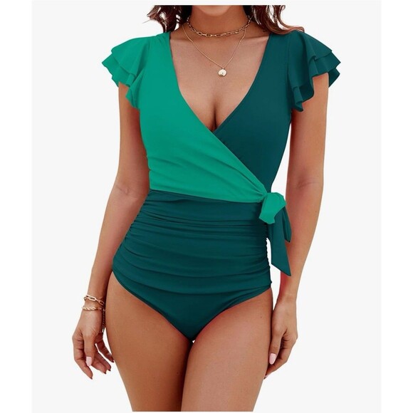Women's Tummy Control Swimsuit Slimming One Piece V Neck ruffle green size Large - Picture 1 of 16